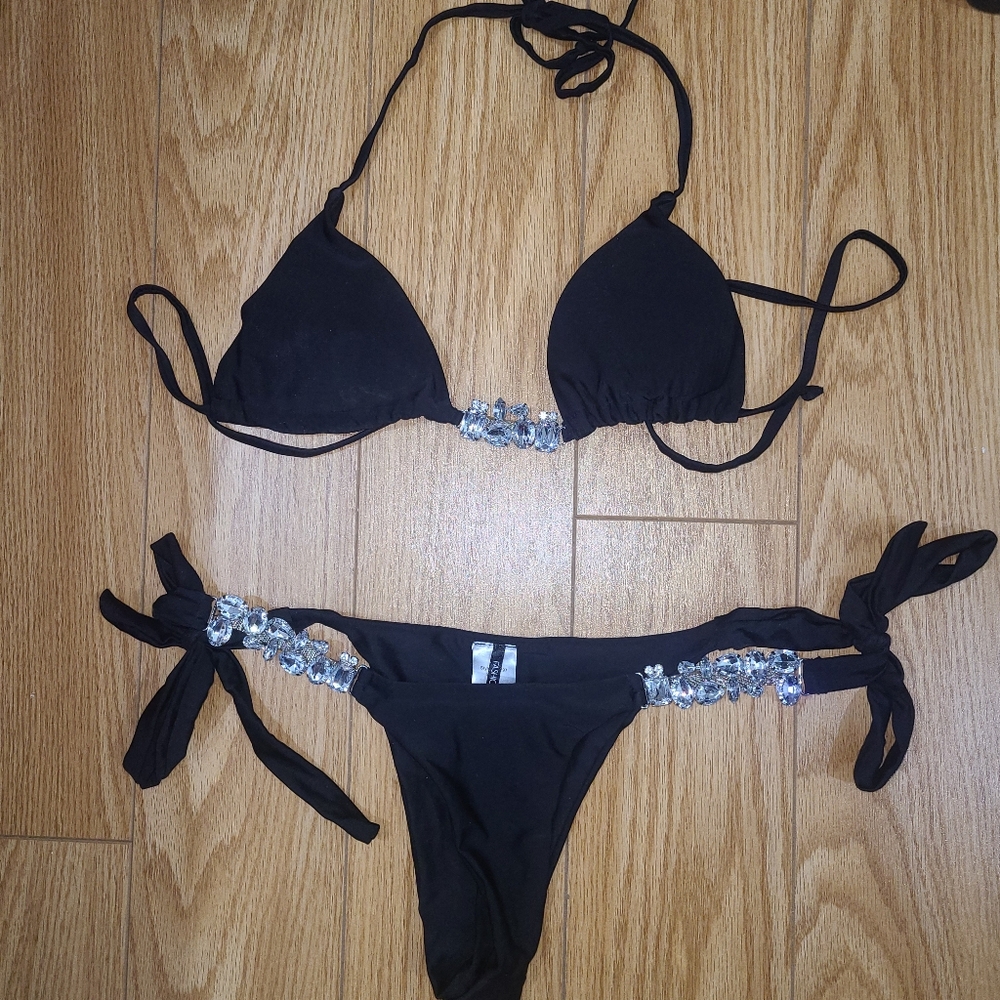 SOLD Black Bikini with Crystal Embellishments
